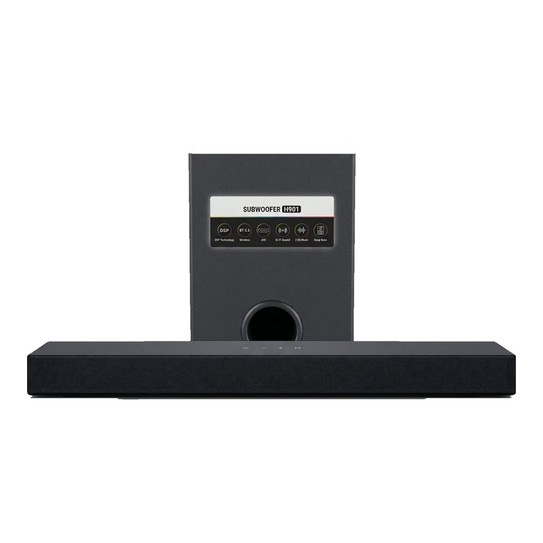 Qova Carbon 2.1 soundbar and subwoofer on white background