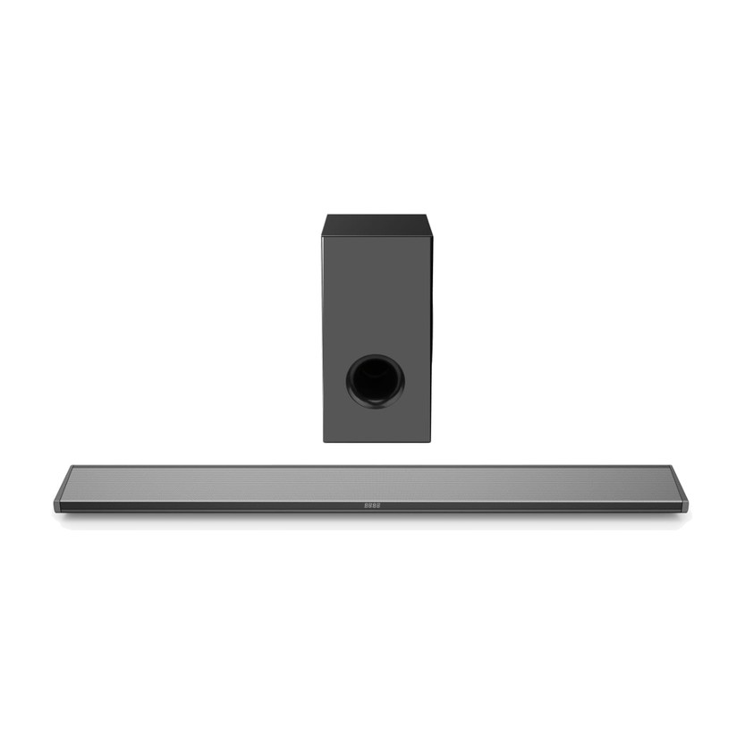 Qova Crystal 2.1 soundbar and subwoofer on white background